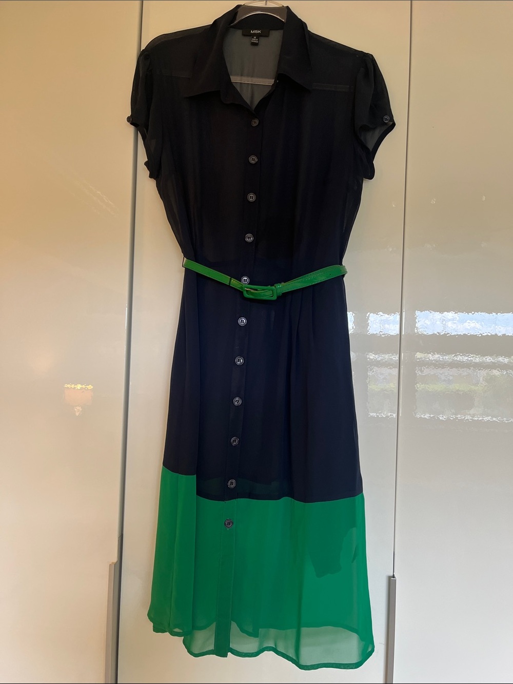 Midi Button-Front Shirt Dress with Navy and Green Colorblock